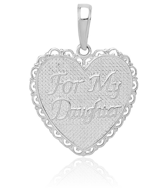 14K Solid White Gold Reversible My Daughter Heart Necklace Love Pendant Charm