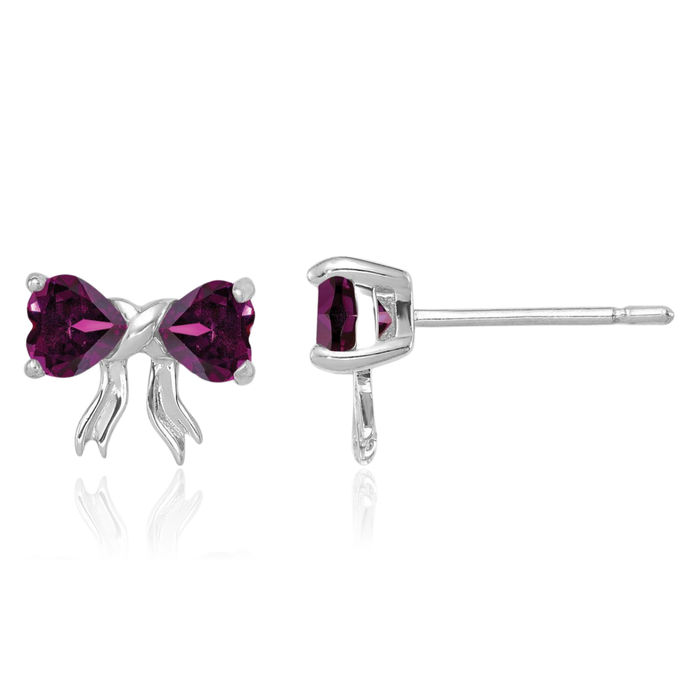 14K Solid White Gold Purple Rhodolite Garnet Bow Heart Stud Earrings June Birthstone Jewelry