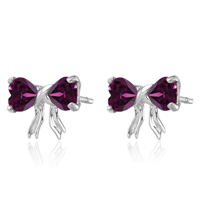 14K Solid White Gold Purple Rhodolite Garnet Bow Heart Stud Earrings June Birthstone Jewelry