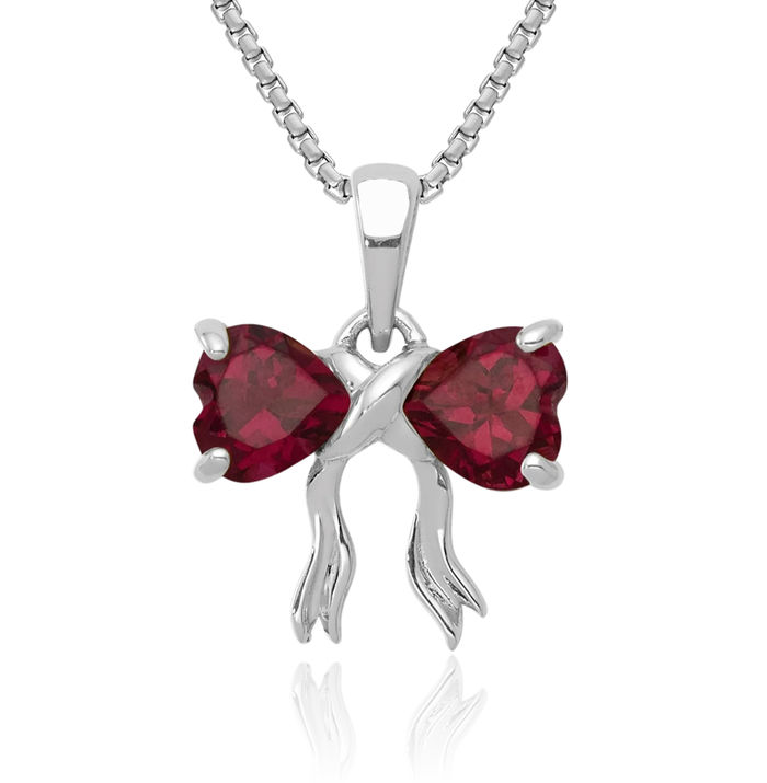 14K Solid White Gold Purple Rhodolite Garnet Bow Necklace Heart Gemstone Pendant Charm June Birthstone Jewelry