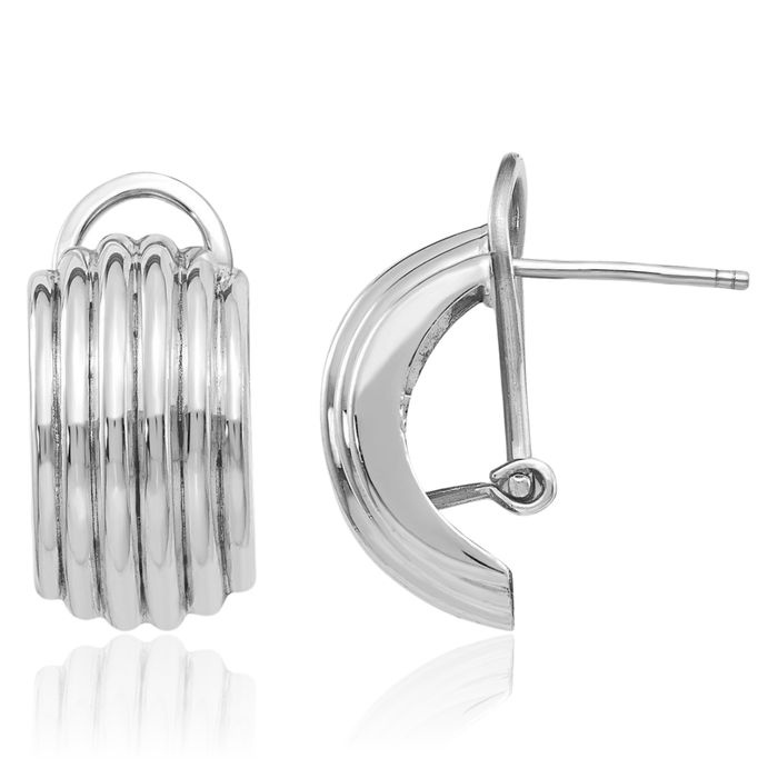 14K Solid White Gold Ribbed Omega Clip Back Post Small Hoop Earrings