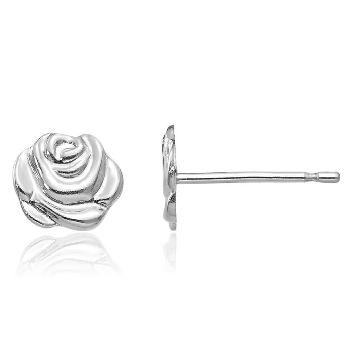 14K Solid White Gold Rose Flower Stud Earrings