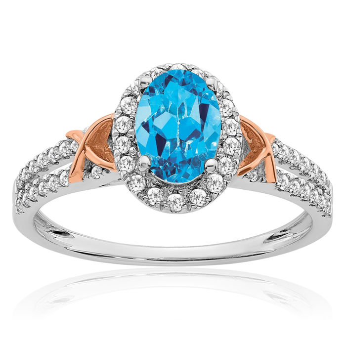 14K Solid White Gold Rose Pink Swiss Blue Topaz Diamond Halo Round Ring Gemstone Band December Birthstone Jewelry