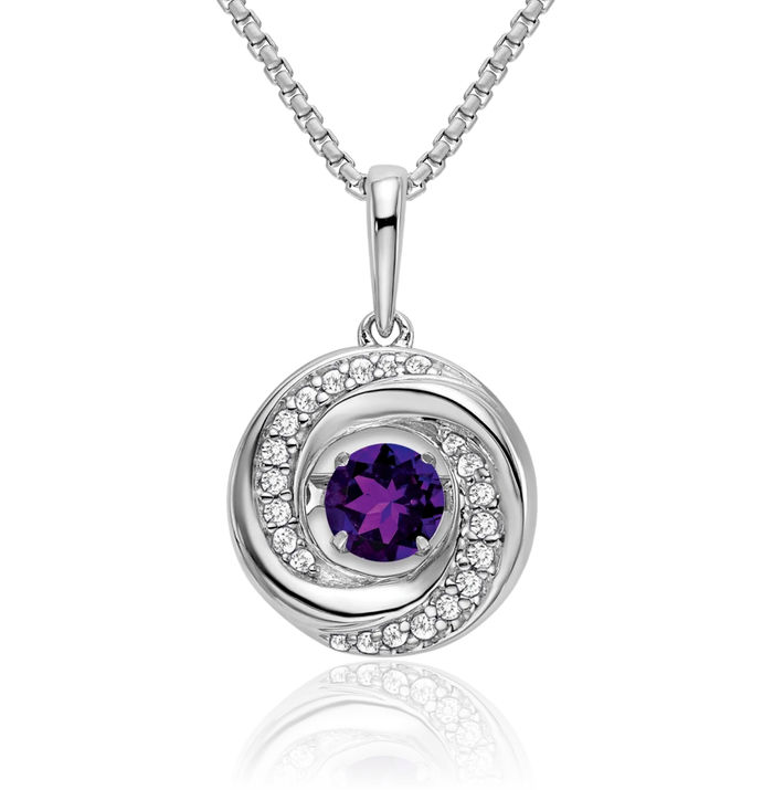 14K Solid White Gold Round Purple Amethyst Diamond Necklace Charm Gemstone Pendant