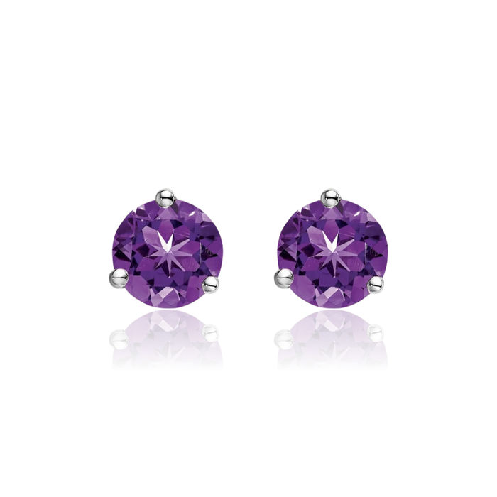 14K Solid White Gold Round Purple Amethyst Studs Gemstone Solitaire Earrings February Birthstone Jewelry