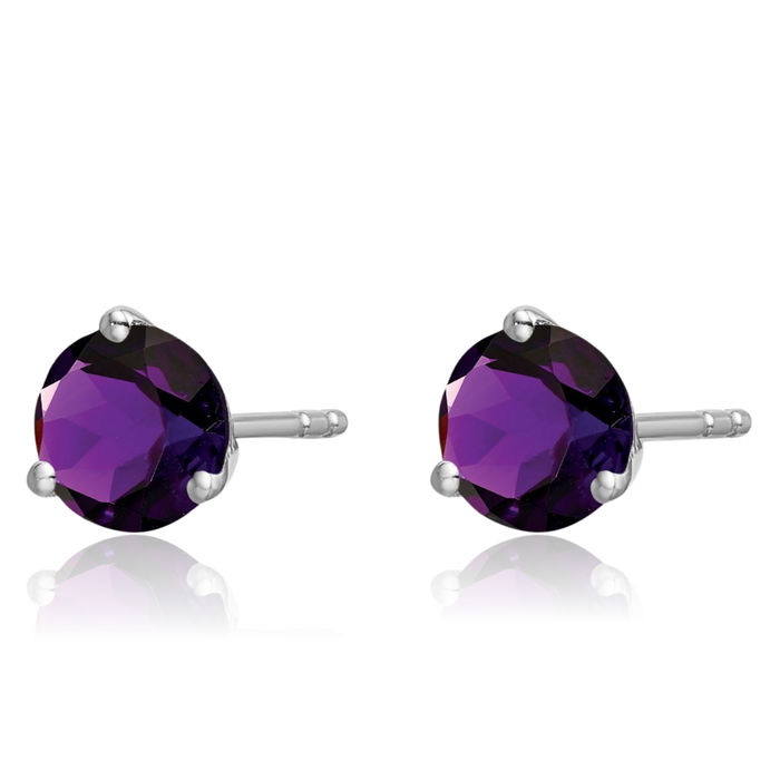 14K Solid White Gold Round Purple Amethyst Studs Gemstone Solitaire Earrings February Birthstone Jewelry