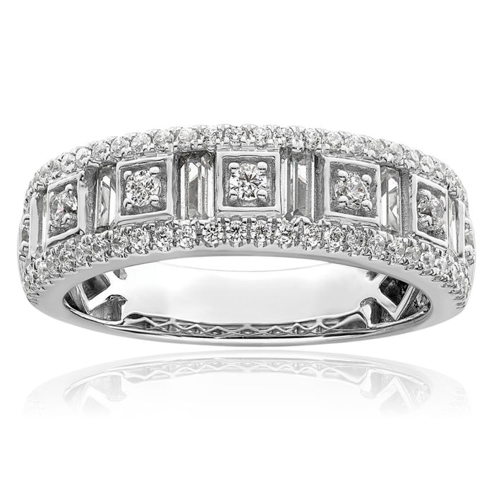 14K Solid White Gold Round Baguette Diamond Anniversary Ring Eternity Wedding Band Bridal Jewelry