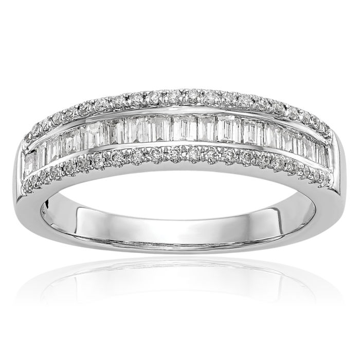 14K Solid White Gold Round Baguette Diamond Wedding Band Ring