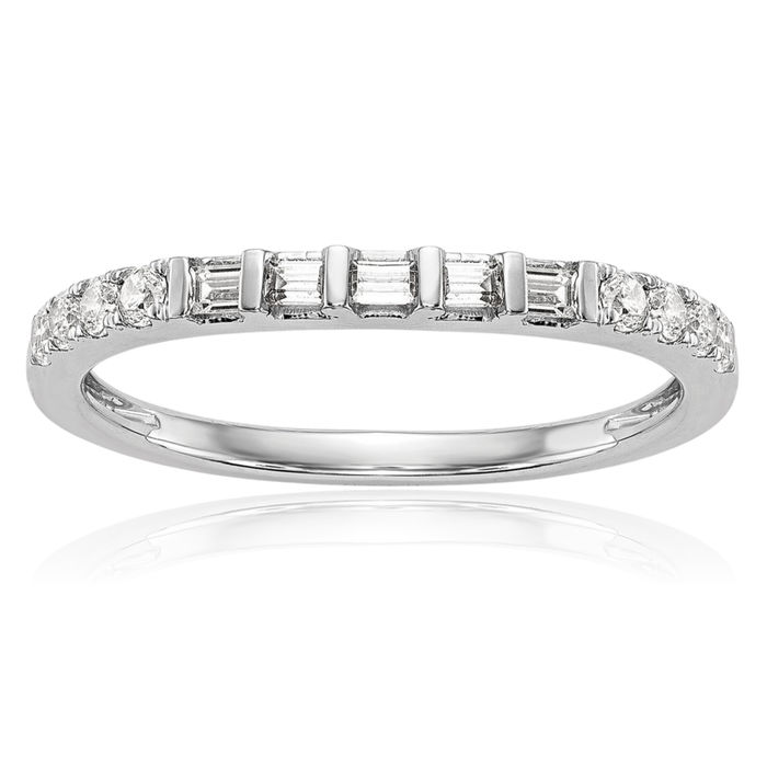 14K Solid White Gold Round Baguette Diamond Wedding Band Ring