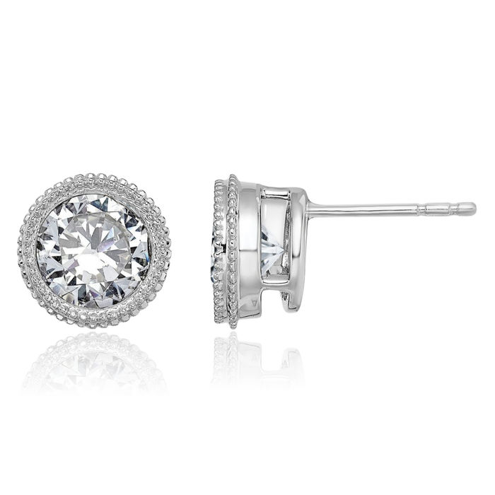 14K Solid White Gold Round Beaded Moissanite Stud Earrings