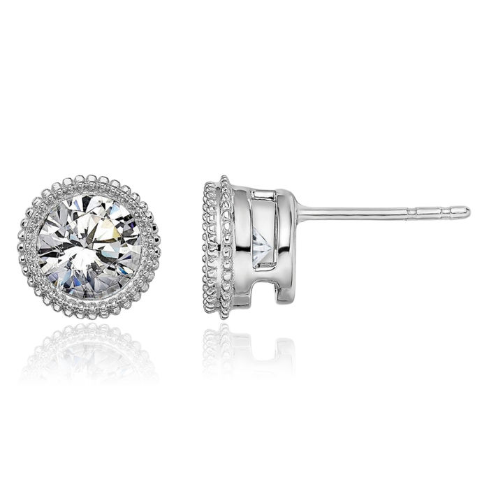 14K Solid White Gold Round Beaded Moissanite Stud Earrings