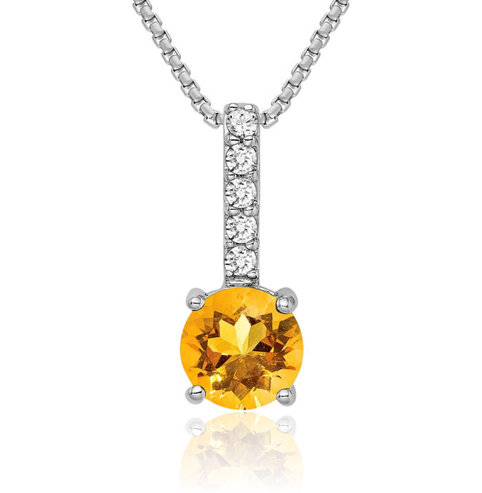 14K Solid White Gold Round Yellow Orange Citrine Diamond Necklace Charm Gemstone Pendant