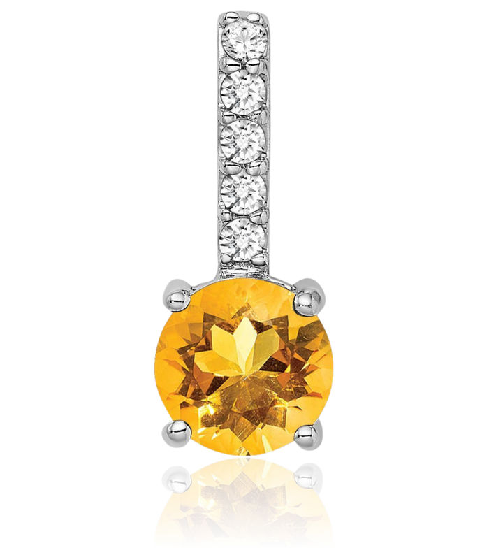 14K Solid White Gold Round Yellow Orange Citrine Diamond Necklace Charm Gemstone Pendant