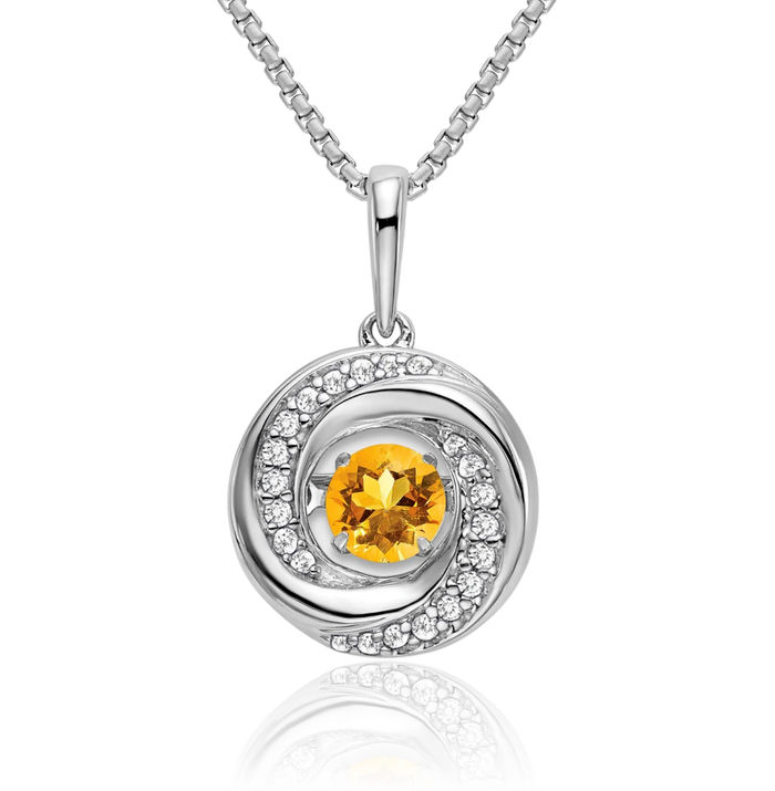 14K Solid White Gold Round Yellow Orange Citrine Diamond Necklace Charm Gemstone Pendant