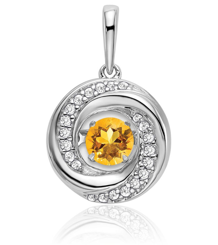 14K Solid White Gold Round Yellow Orange Citrine Diamond Necklace Charm Gemstone Pendant