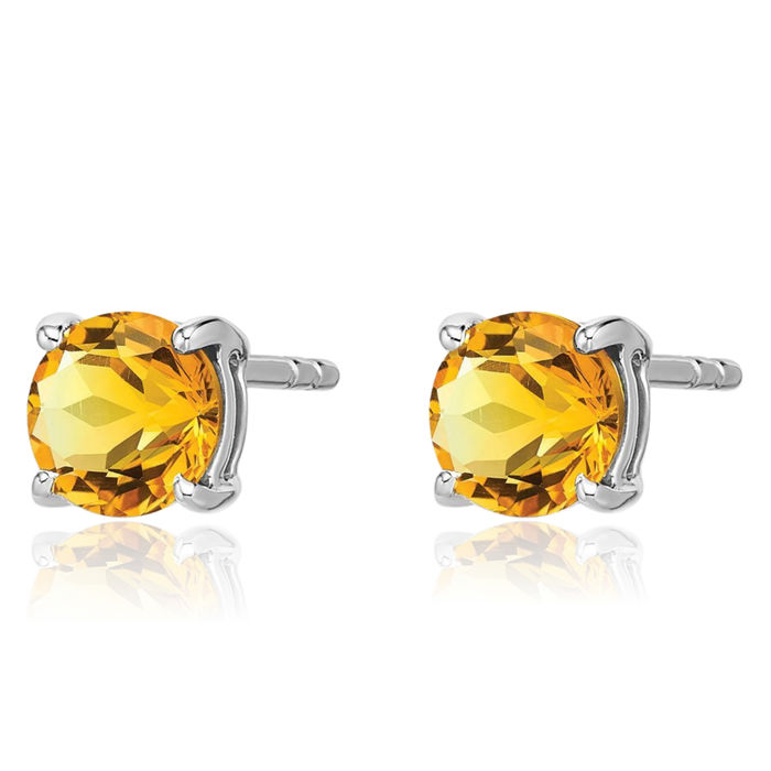 14K Solid White Gold Round Yellow Orange Citrine Studs Gemstone Earrings November Birthstone Jewelry