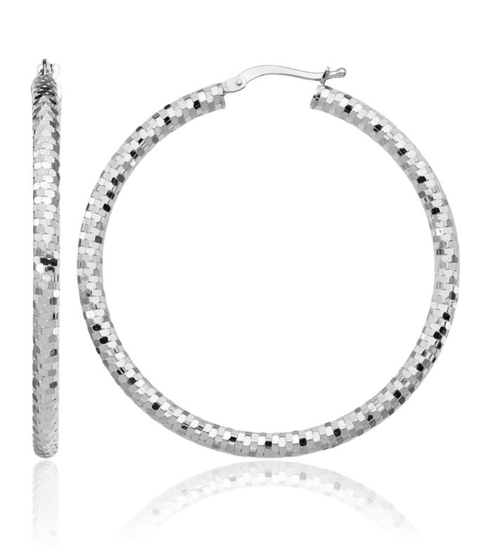 14K Solid White Gold Round Extra Large Hoop Earrings