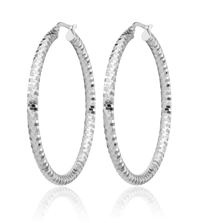 14K Solid White Gold Round Extra Large Hoop Earrings