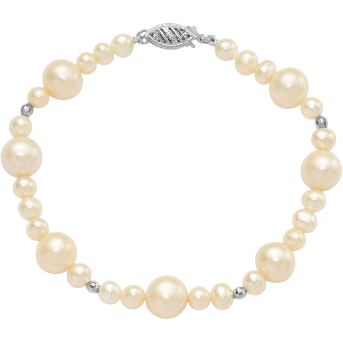 14K Solid White Gold Near Round Freshwater Cultured Pearl Beaded Ball Chain Bracelet