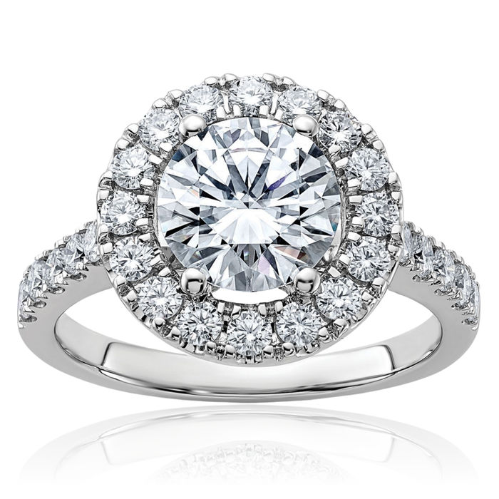 14K Solid White Gold Round Halo Moissanite Engagement Ring