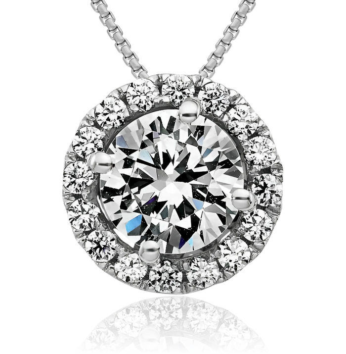 14K Solid White Gold Round Halo Moissanite Floating Chain Slide Pendant Necklace Charm