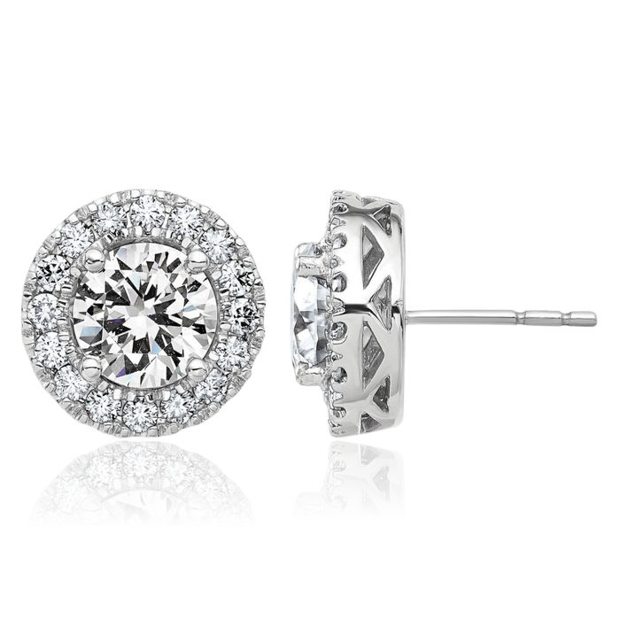 14K Solid White Gold Round Halo Moissanite Stud Earrings