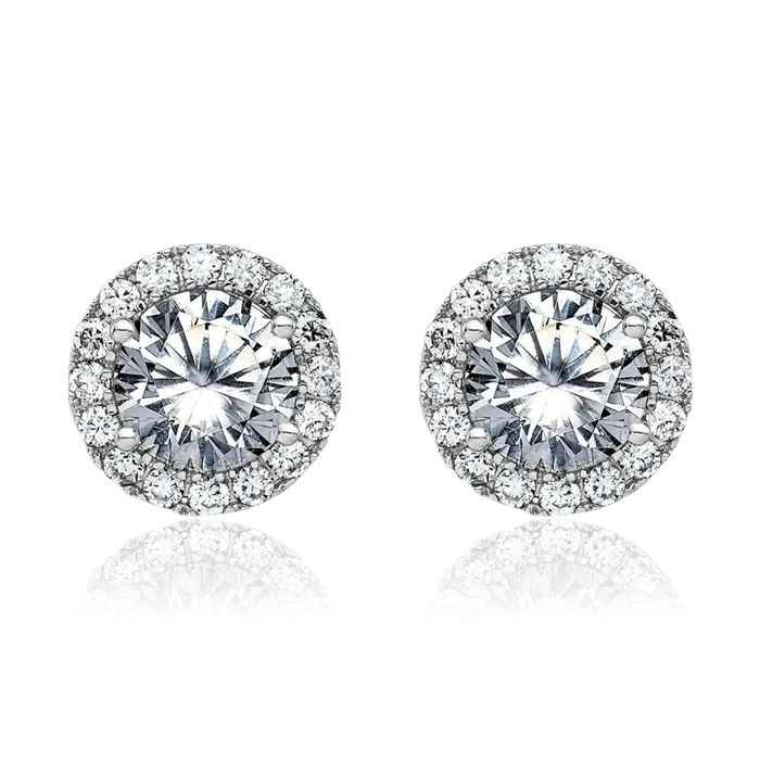 14K Solid White Gold Round Halo Moissanite Stud Earrings