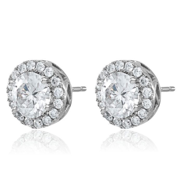 14K Solid White Gold Round Halo Moissanite Stud Earrings