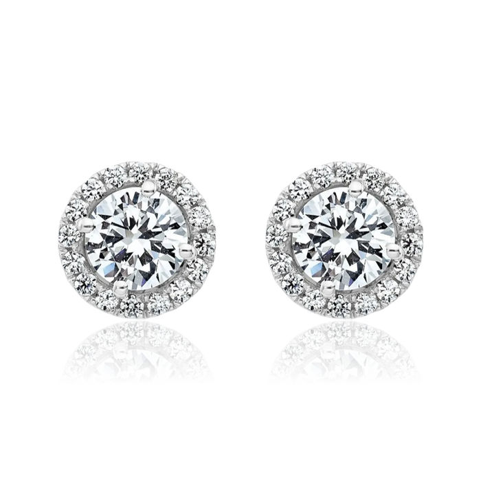 14K Solid White Gold Round Halo Moissanite Stud Earrings