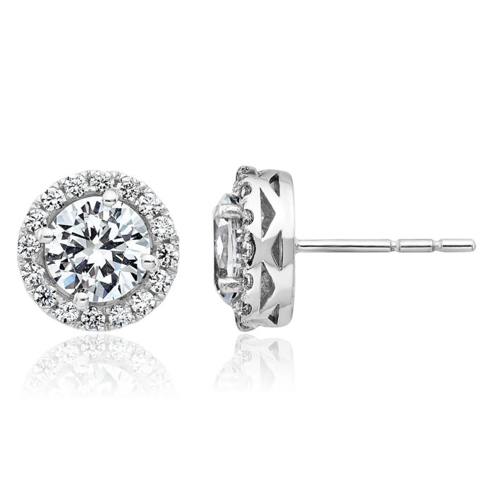 14K Solid White Gold Round Halo Moissanite Stud Earrings