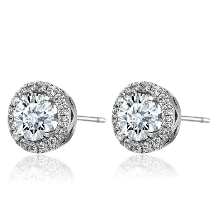 14K Solid White Gold Round Halo Moissanite Stud Earrings