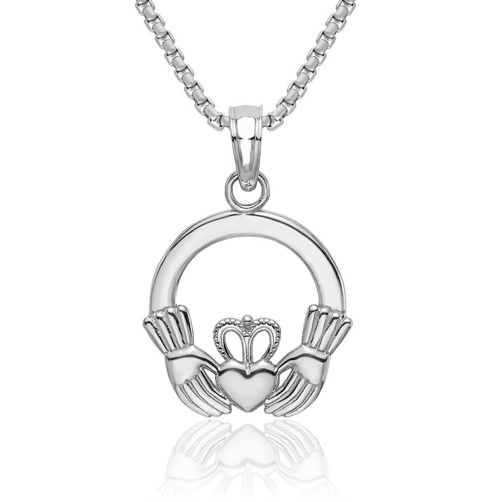 14K Solid White Gold Round Heart Irish Claddagh Necklace Celtic Charm Pendant Jewelry