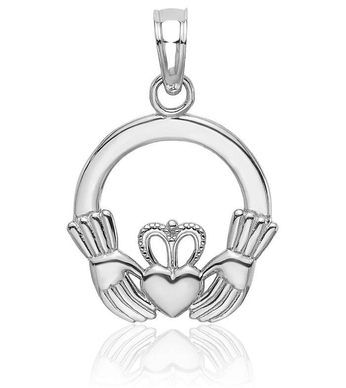 14K Solid White Gold Round Heart Irish Claddagh Necklace Celtic Charm Pendant Jewelry