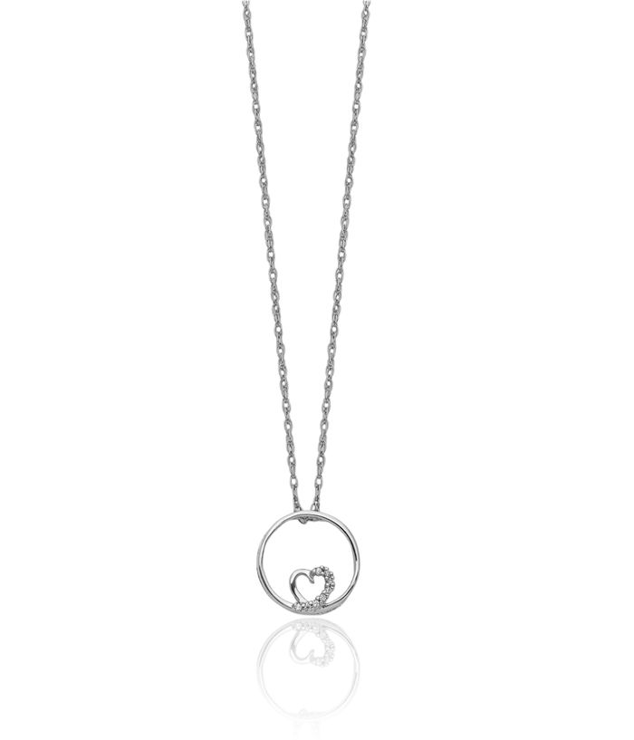 14K Solid White Gold Circle Round Heart Necklace Love Pendant Friendship Charm Chain