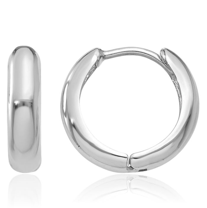 14K Solid White Gold Round Huggie Small Hoop Earrings