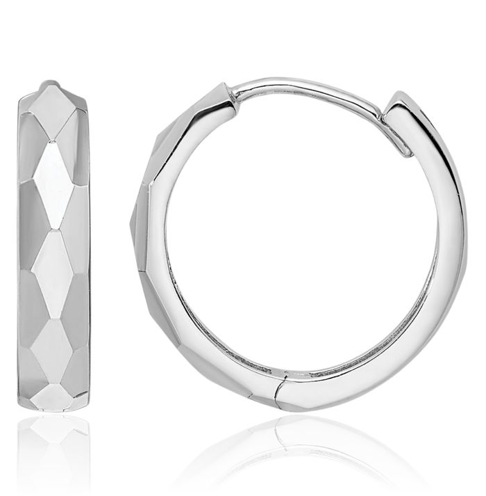 14K Solid White Gold Round Huggie Small Hoop Earrings
