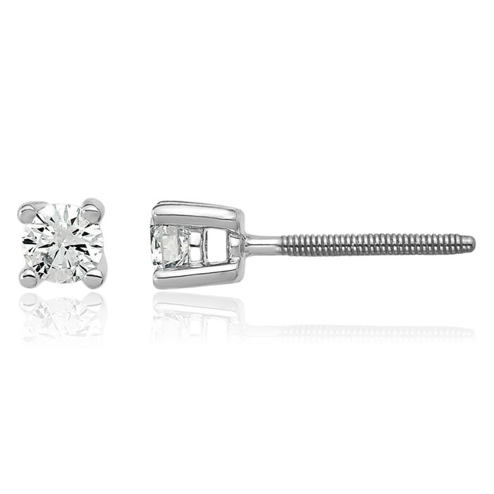 14K Solid White Gold Round Lab Diamond Screw Back Stud Earrings