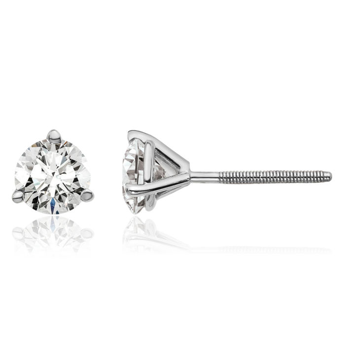 14K Solid White Gold Round Lab Diamond Screw Back Stud Earrings