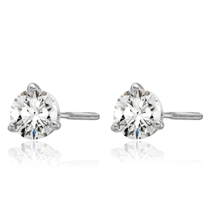 14K Solid White Gold Round Lab Diamond Screw Back Stud Earrings