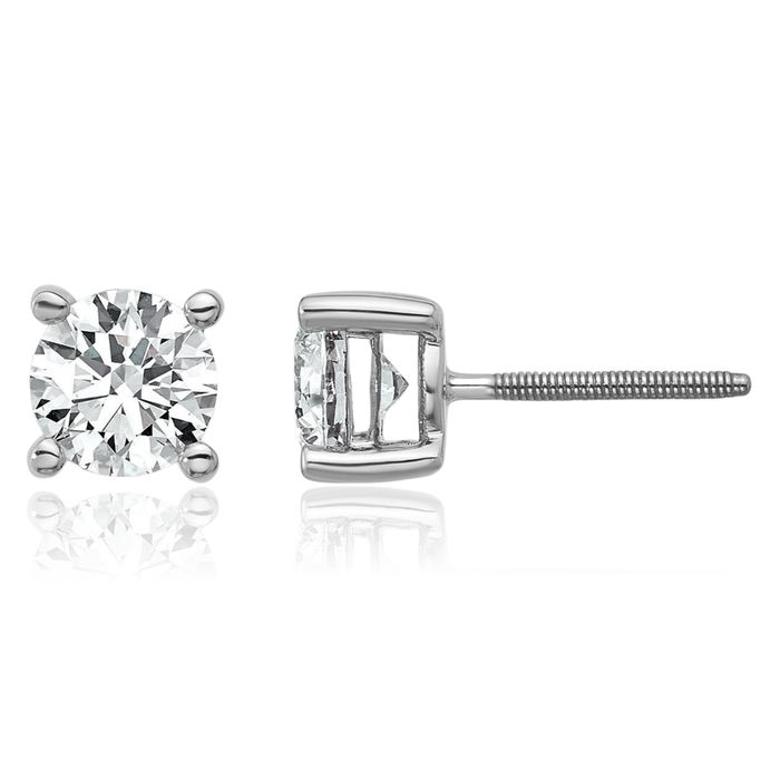 14K Solid White Gold Round Lab Diamond Screw Back Stud Earrings