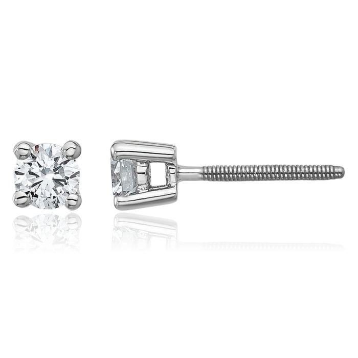14K Solid White Gold Round Lab Diamond Screw Back Stud Earrings