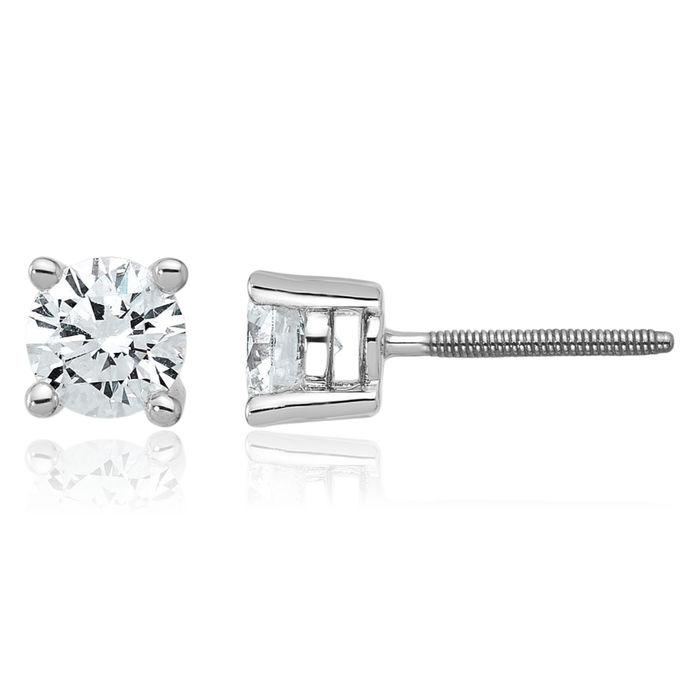 14K Solid White Gold Round Lab Diamond Screw Back Stud Earrings