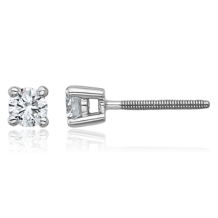 14K Solid White Gold Round Lab Diamond Screw Back Stud Earrings