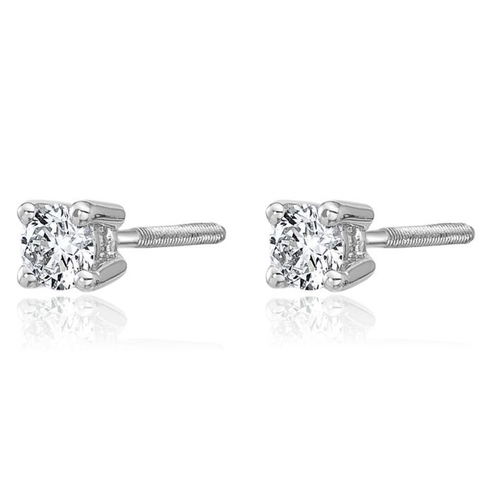 14K Solid White Gold Round Lab Diamond Screw Back Stud Earrings