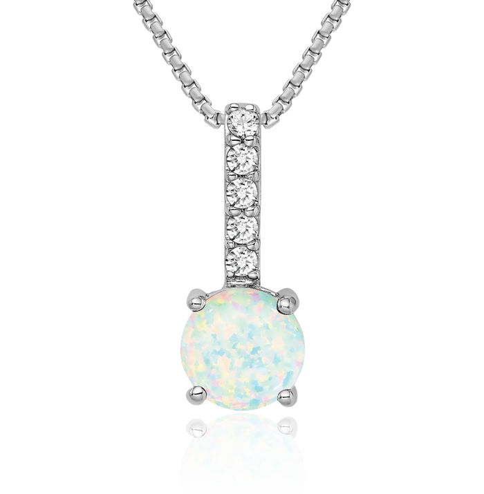 14K Solid White Gold Round Lab Opal Diamond Necklace Charm Gemstone Pendant