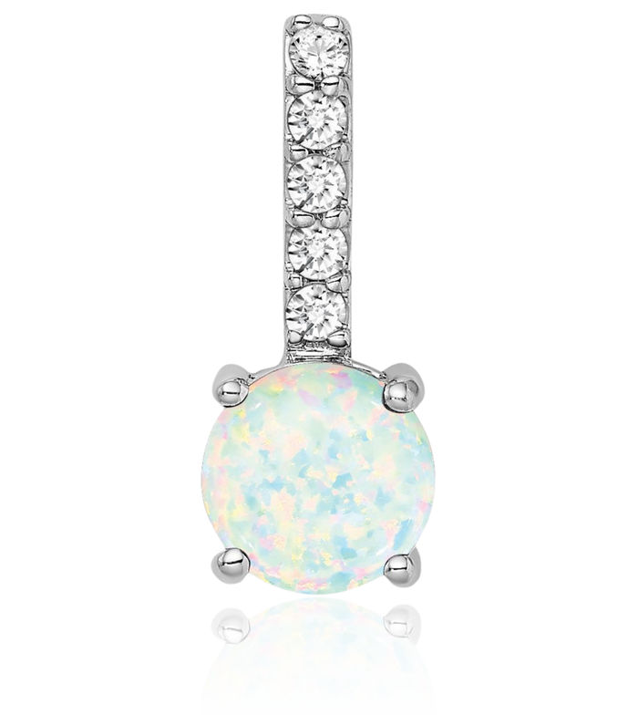 14K Solid White Gold Round Lab Opal Diamond Necklace Charm Gemstone Pendant