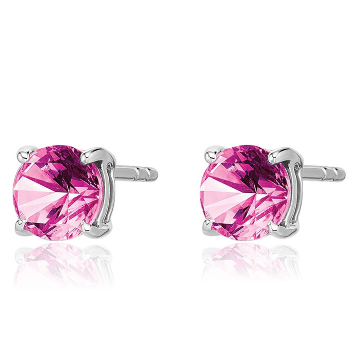 14K Solid White Gold Round Lab Pink Sapphire Studs Gemstone Earrings October Birthstone Jewelry