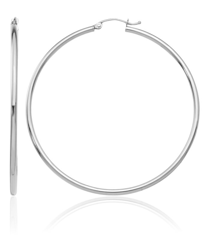 14K Solid White Gold Tube Round Large Hoop Earrings