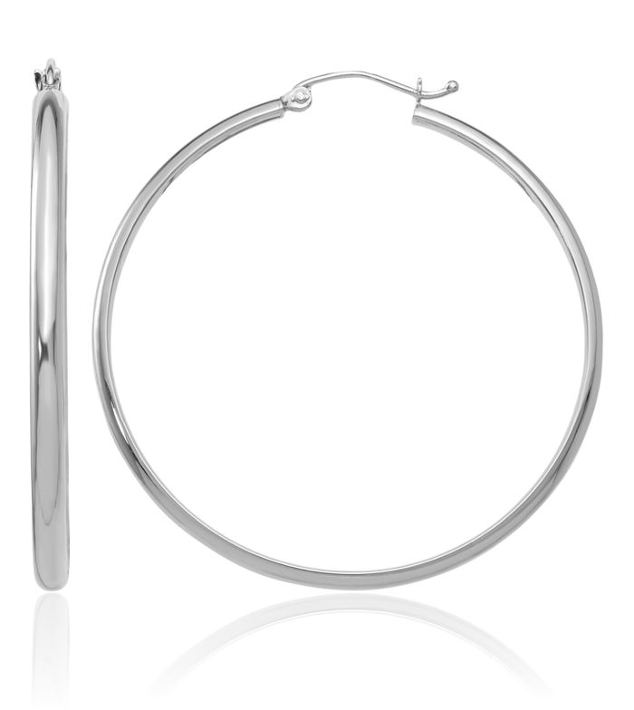 14K Solid White Gold Round Large Hoop Earrings