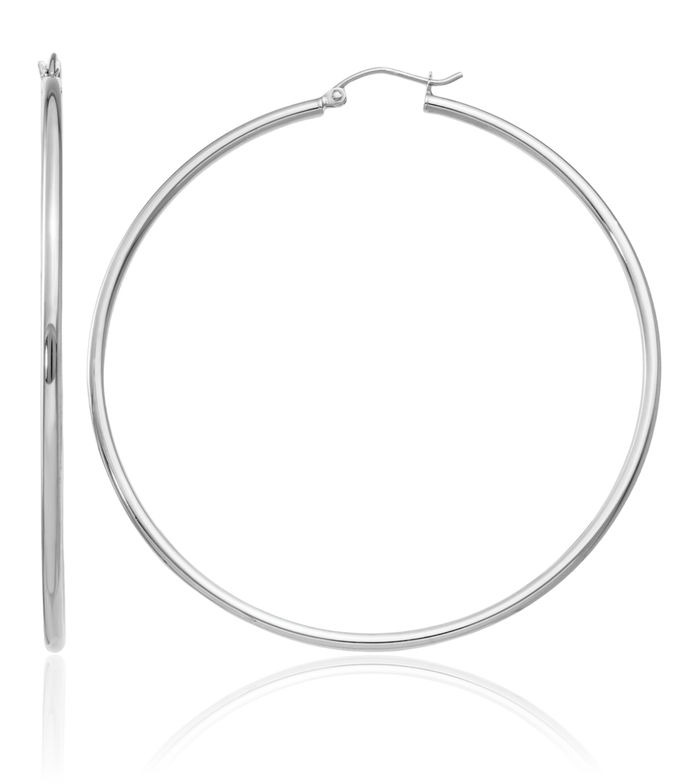 14K Solid White Gold Tube Round Large Hoop Earrings